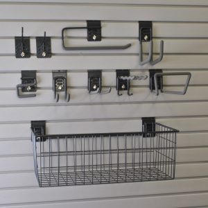 A selection of Turn-Lock hooks for the 10 Piece Kit on Slatwall.